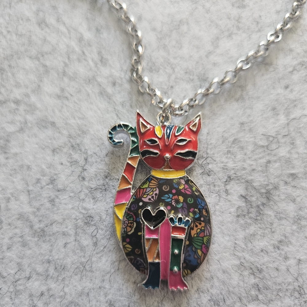 Colourful‎ Enamel Cat Pendant Necklace
